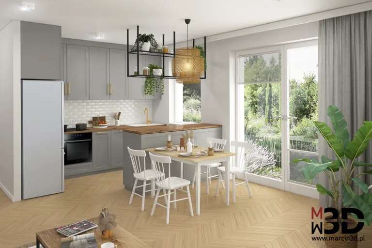 Wizualizacja 3D salonu z aneksem kuchennym