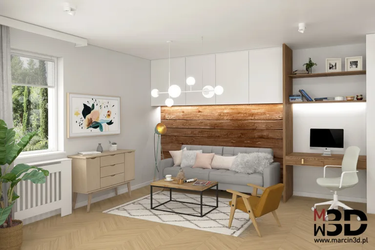 Salon z wydzieloną strefą do pracy - wizualizacja 3D