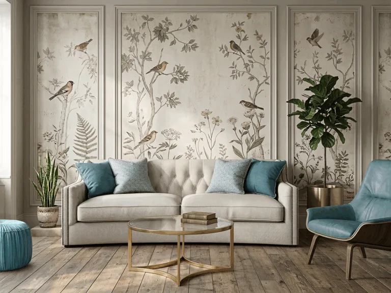 Klasyczna pikowana sofa w aranżacji wnętrza – wizualizacja 3D + AI