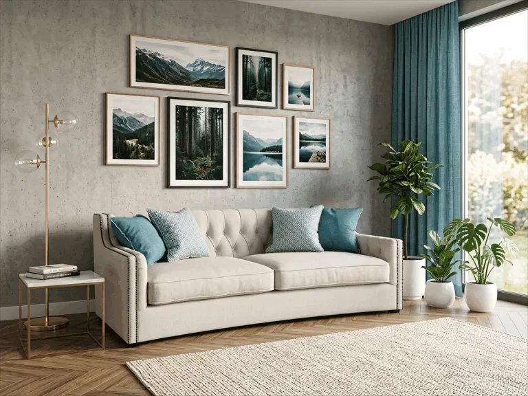 Pikowana sofa w aranżacji salonu – wizualizacja 3D + AI