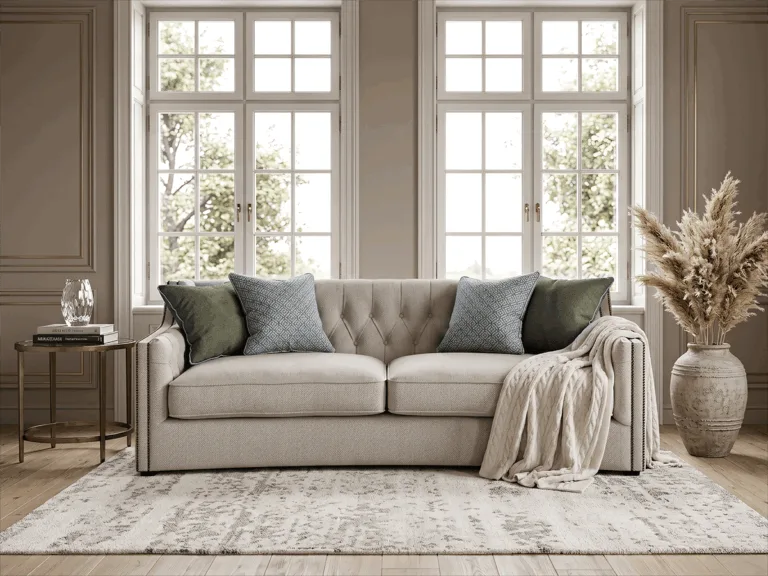 Sofa w nowoczesnym wnętrzu – wizualizacja 3D + AI